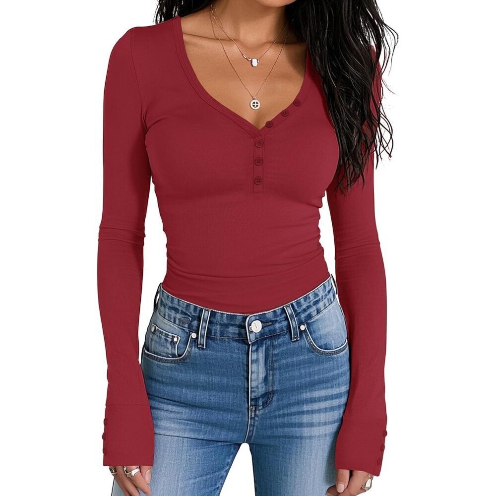 Women Long Sleeve Henley Shirt Rayon Spandex Slim Fitted V Neck Casual